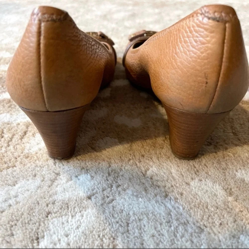 Tory Burch Cognac Leather Wedge Pumps with Gold Logo Accent